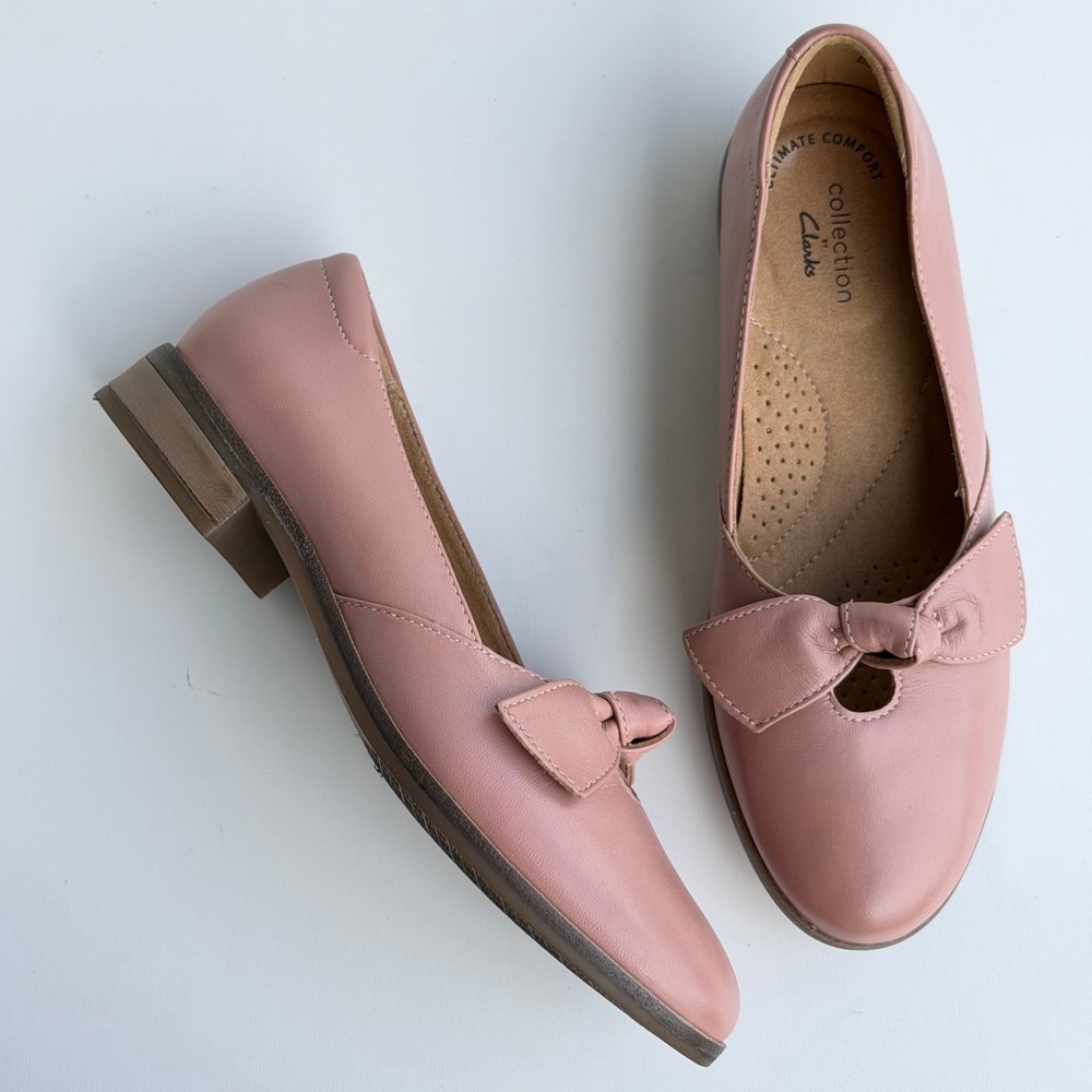 Clarks Trish Wave Loafers Womens 7 Pink Leather Bow Slip On Flats Coquette